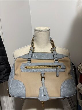 Prada Beige Canvas Shoulder Bag with Light Blue Leather Trim and Gold Hardware